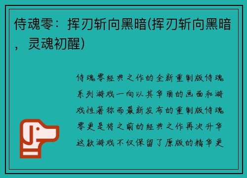 侍魂零：挥刃斩向黑暗(挥刃斩向黑暗，灵魂初醒)